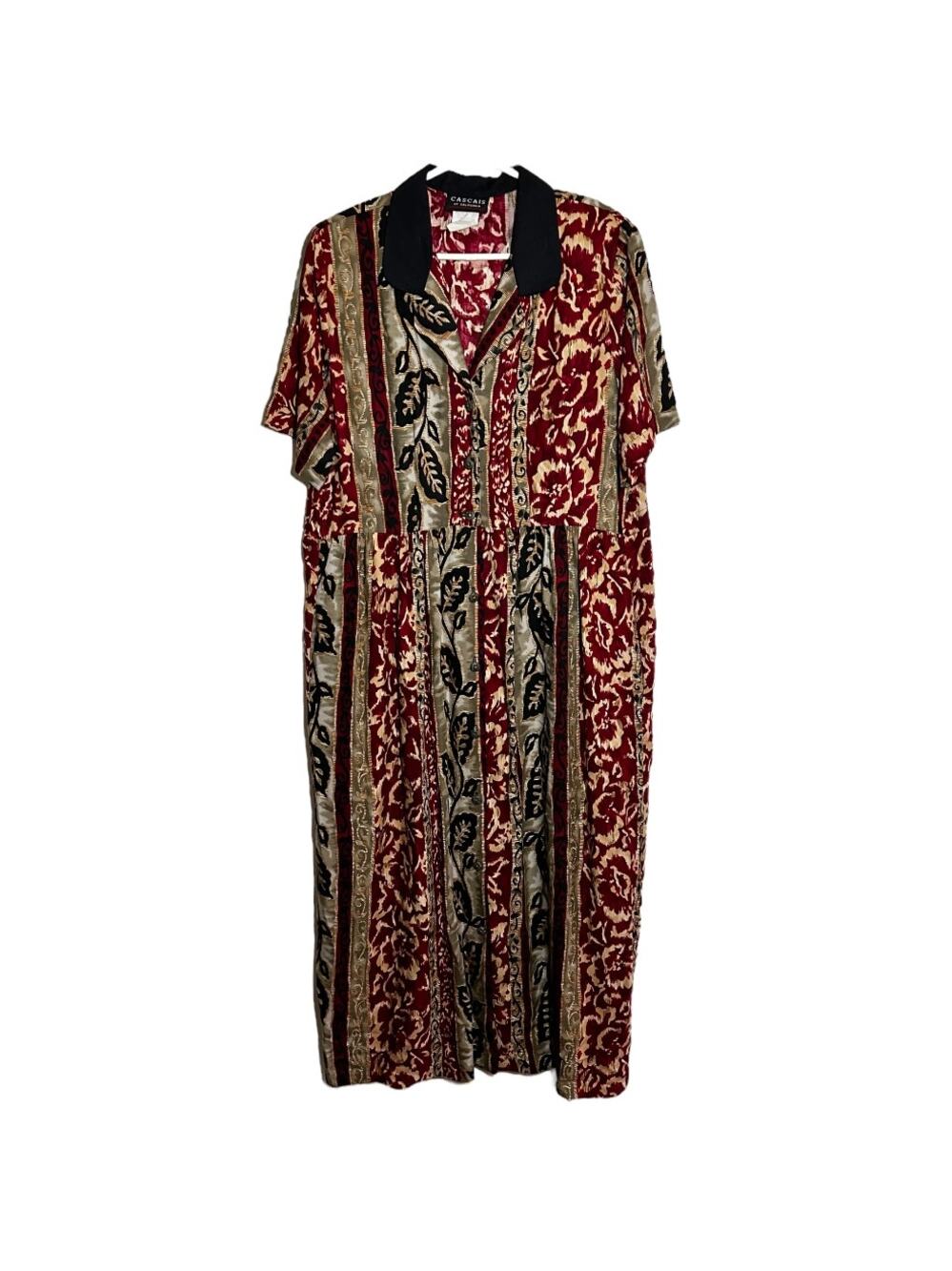 Vintage Cascais Maxi Dress 80s Short Sleeve Button Up Collared Leaf Maroon 14